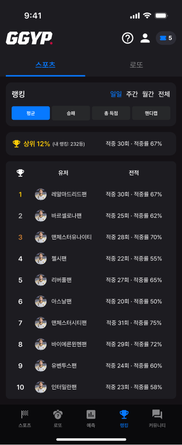 스포츠 · 로또 AI 예측 플랫폼 화면